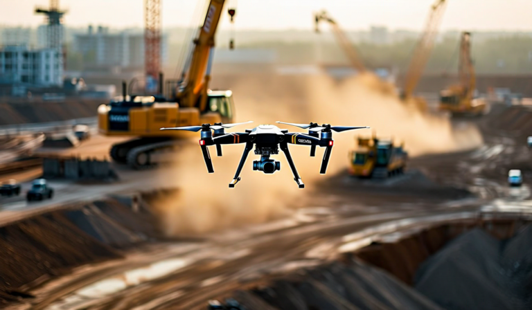 Drone and ground robot working together on construction site survey